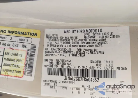 2015 Lincoln Mkz из США, поврежденный, VIN 3LN6L2GK2FR604352